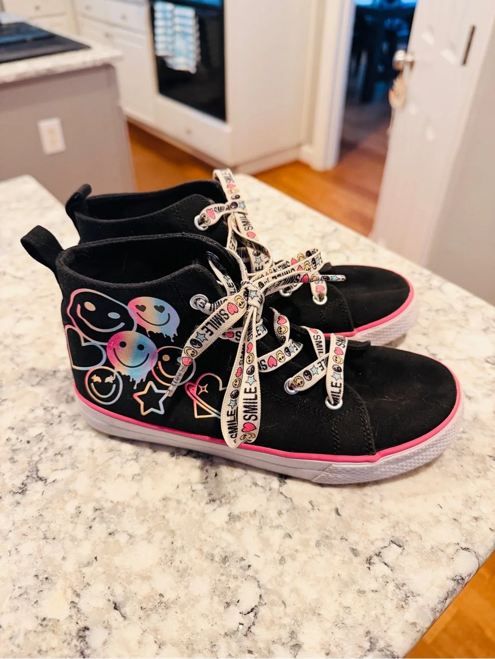 Children’s Place Black High-Top Sneakers with Pink Trim and Smiley Accents